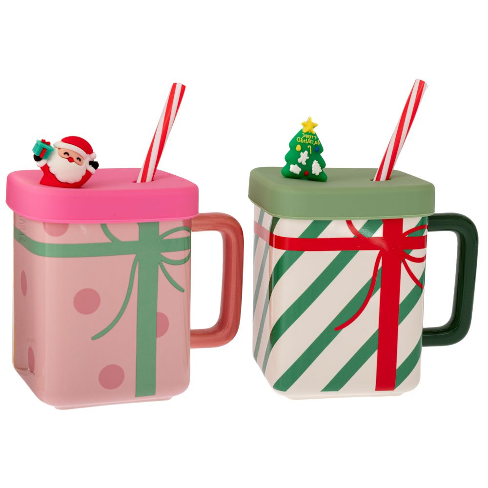 MUG Natalizia con Coperchio e Cannuccia – “Pacco Regalo” ☕✨