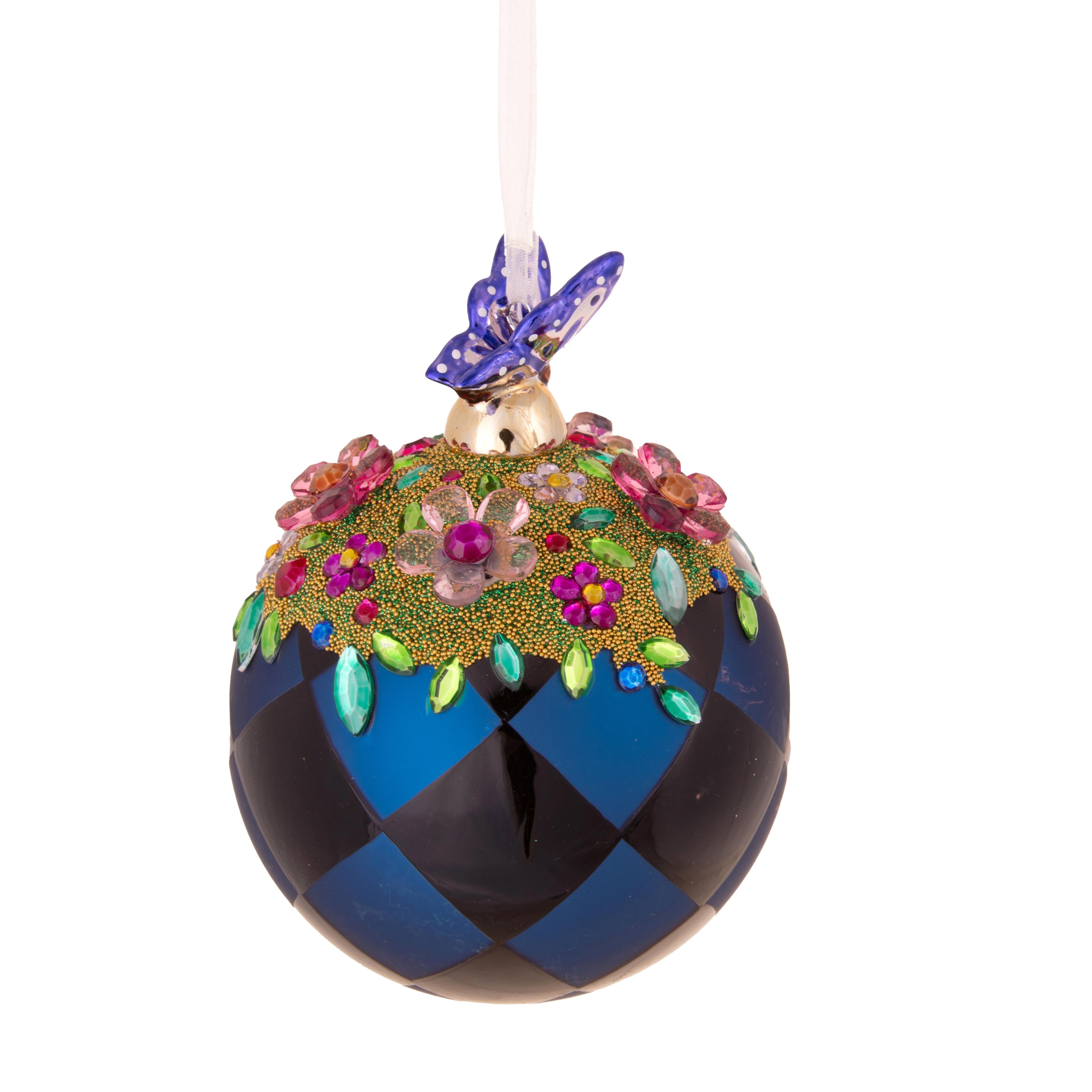 Palla di Natale, in vetro,  blu e nero con decori gioiello