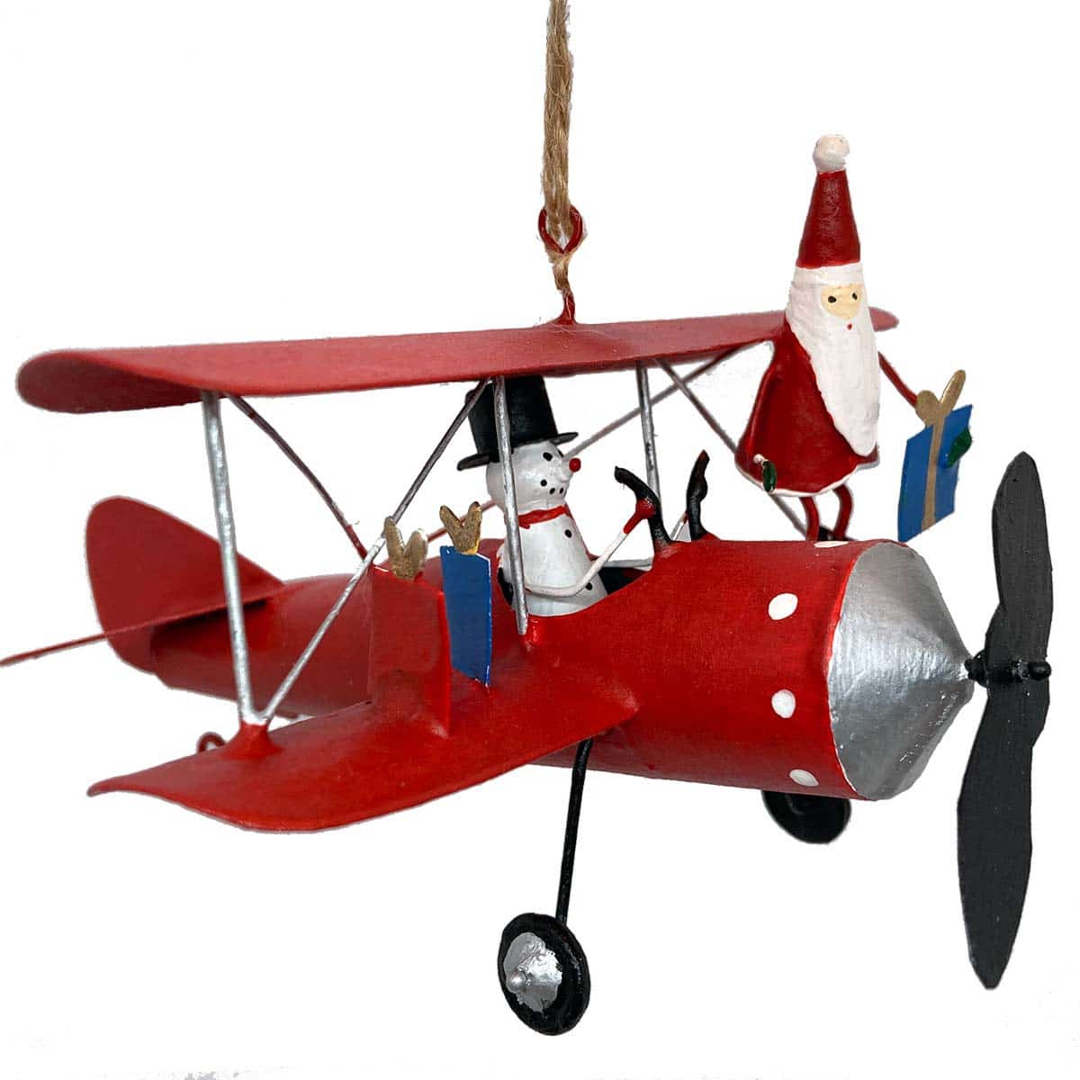 Aereo vintage con Babbo Natale e pupazzo di neve