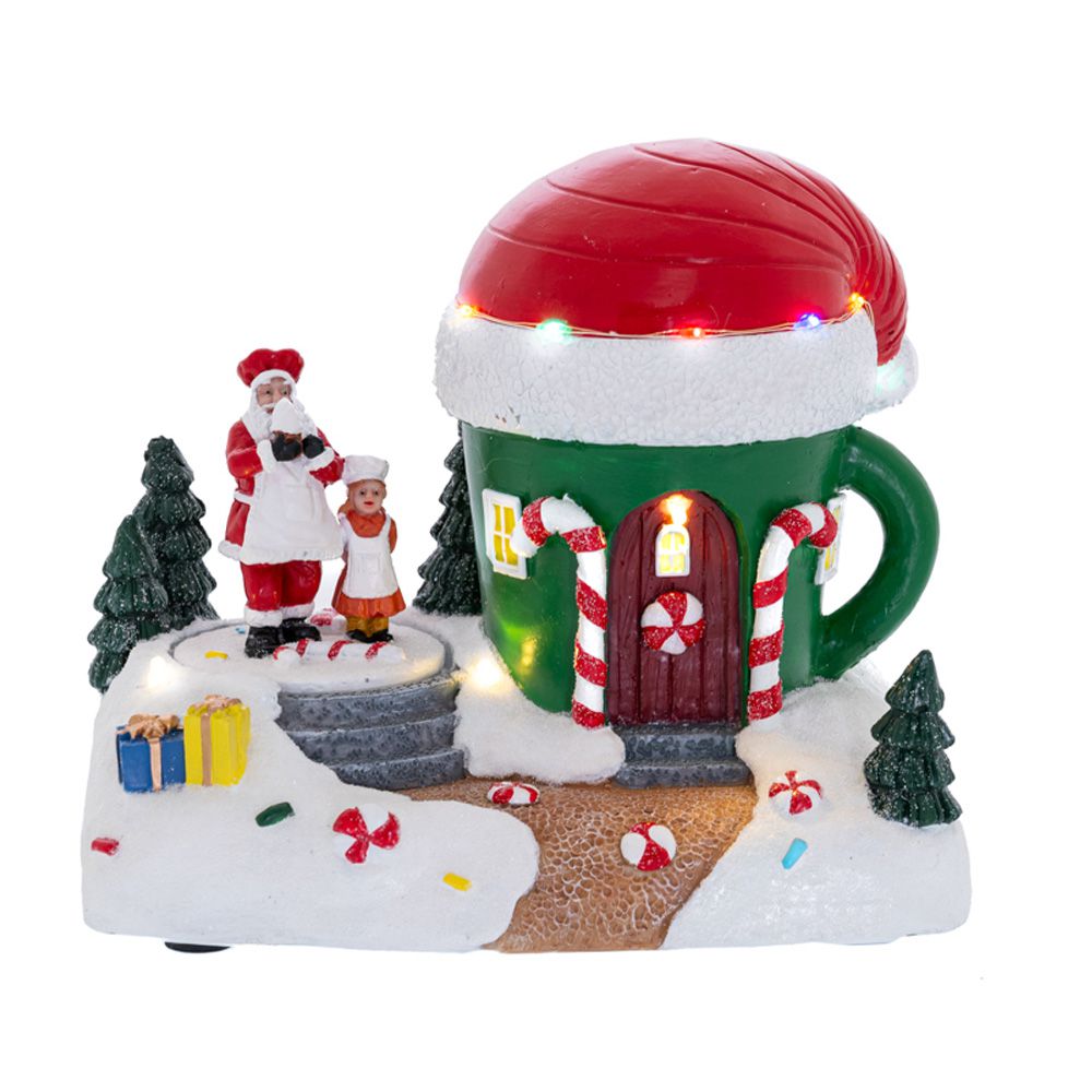 ☕ Casetta Tazza di Natale con Babbo Natale e Chef Elfo - con luci Led