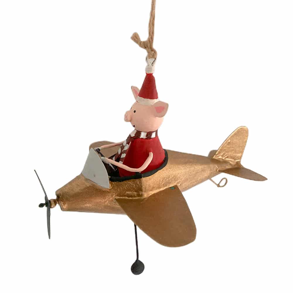 Maialino di Natale su aeroplano dorato