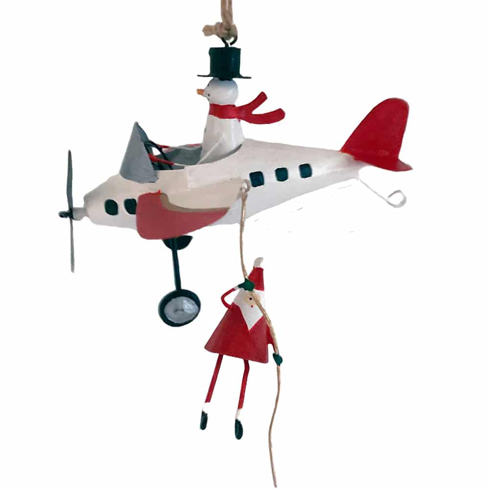 Pupazzo di neve in aereo con babbo natale sospeso