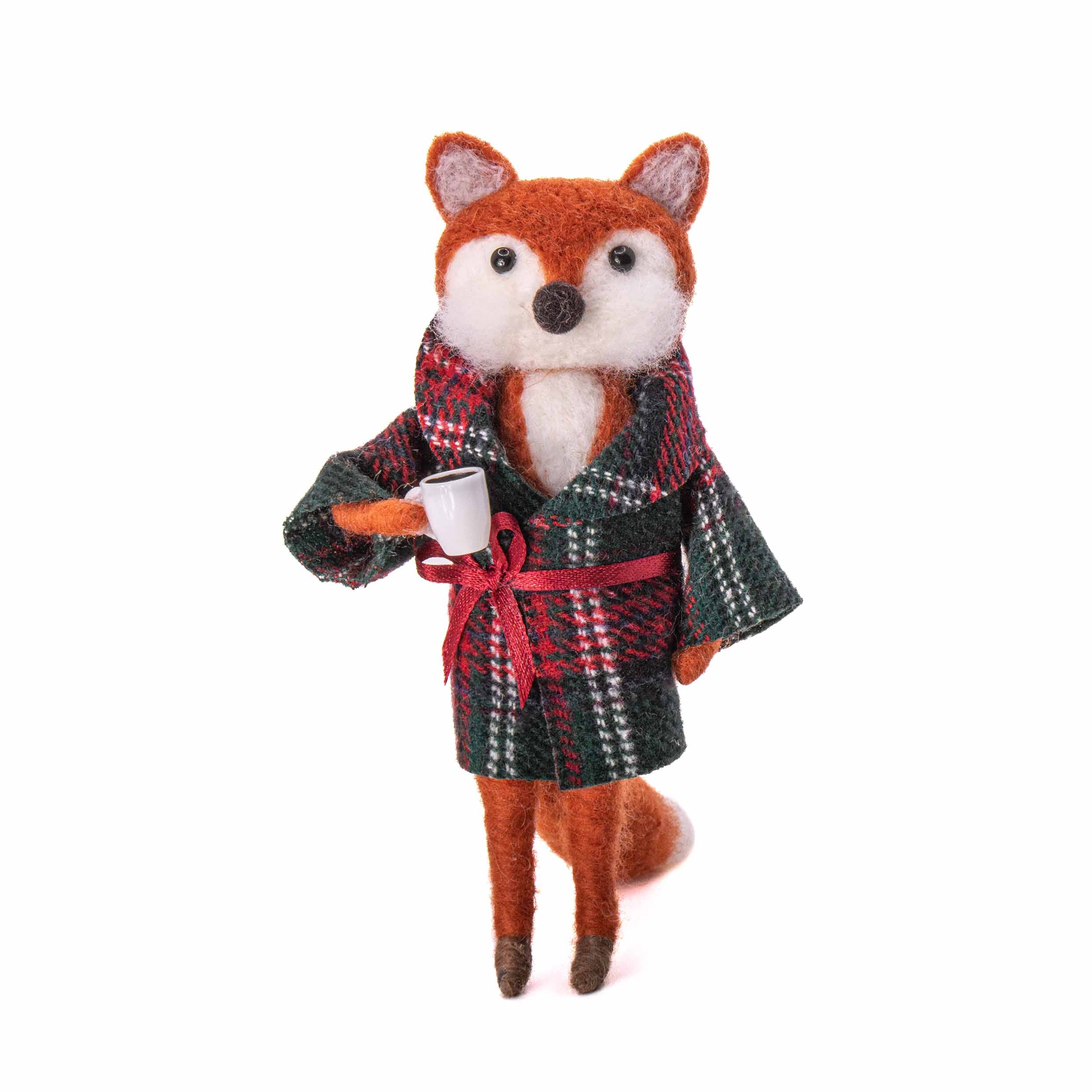 Volpe in vestaglia tartan con tazzina di caffe'- decorazione da appendere